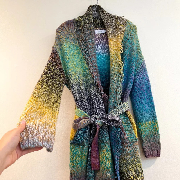 Greylin Rainbow Colorful Knit Fringe Bohemian Preppy Cardigan Tie Waist Cardigan - Picture 6 of 9